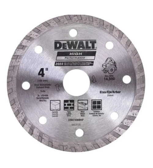 DISCO DIAMANTADO 4" 105MM TURBO - FURO 20MM PARA USO EM SERRA MÁRMORE - DEWALT DW47400BHP