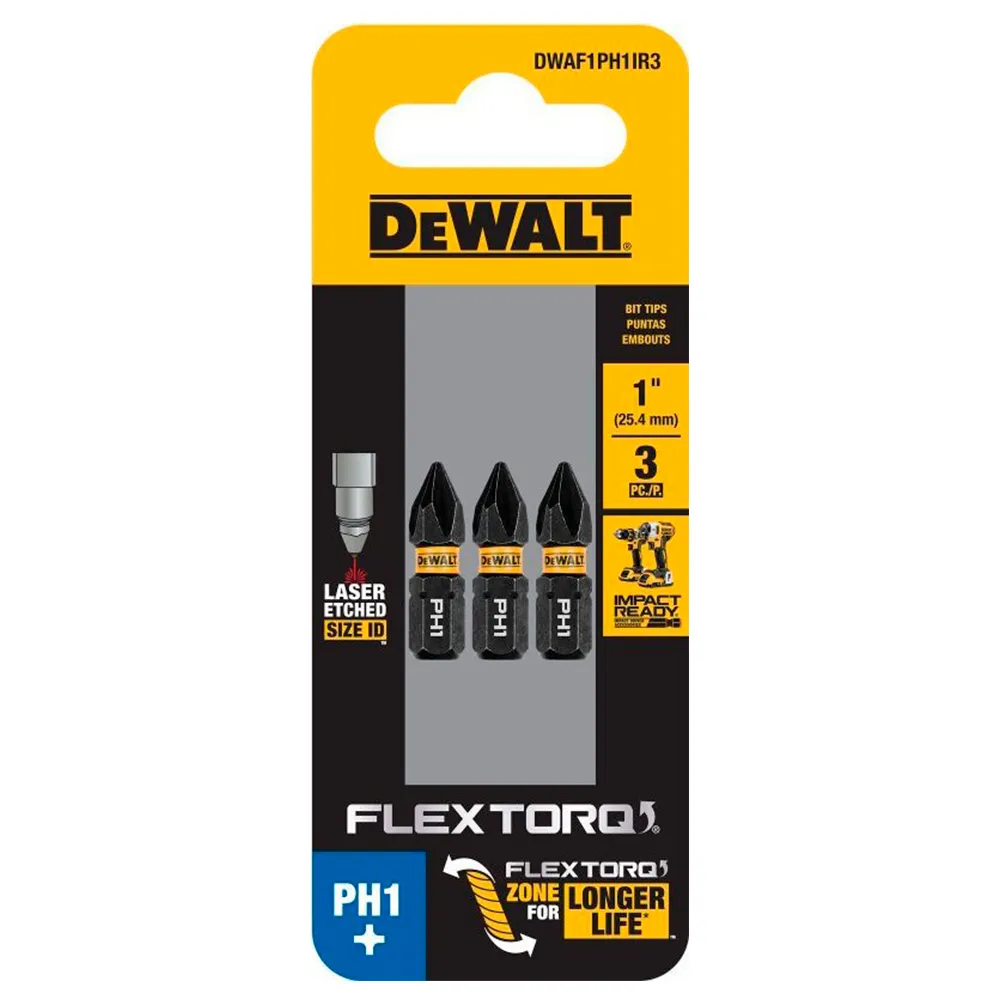 BITS PHILLIPS PH1 FLEXTORQ 1'' (2,5CM) CARTELA COM 3 UNIDADES DWAF1PH1IR3 DEWALT