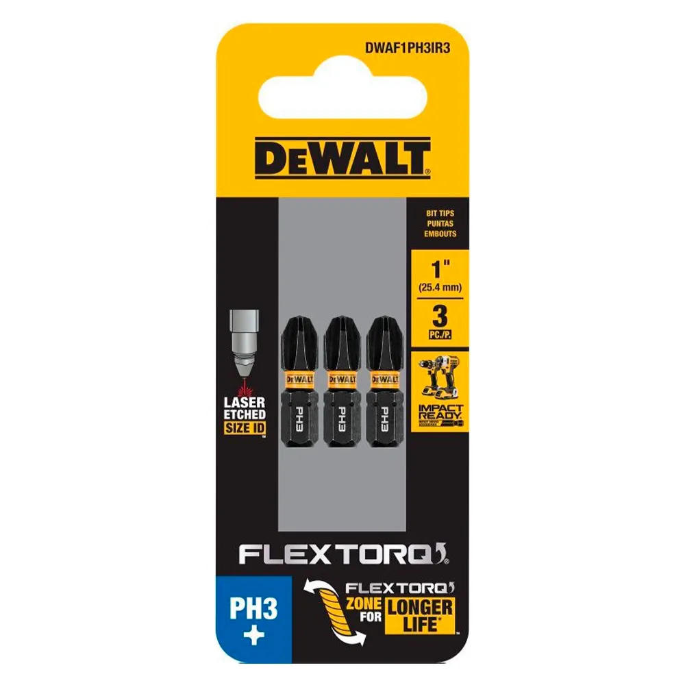 BITS PHILLIPS PH3 FLEXTORQ 1'' (2,5CM) CARTELA COM 3 UNIDADES DWAF1PH3IR3 DEWALT