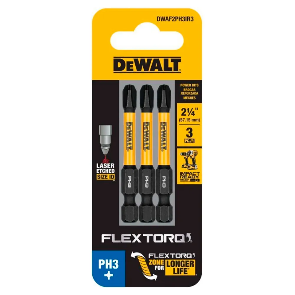 BITS PHILLIPS PH3 FLEXTORQ 2.1/4'' (5,7CM) CARTELA COM 3 UNIDADES DWAF2PH3IR3 DEWALT